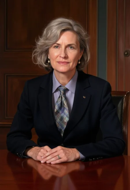photorealistic portrait painting of a modern 50 y.o. business woman in an expensive suit and silk tie, neutral expression, detailed skin, detailed fabric on clothes, sitting at polished wood desk leaning back, soft light <lora:hyperrealism-000103:1>