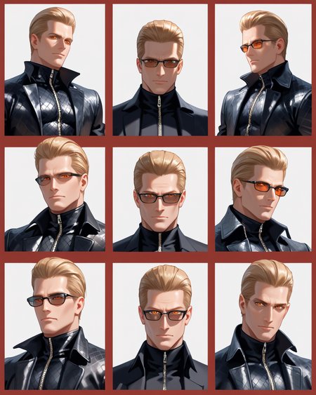 PonyScores7, source_anime, ah1, best quality, (masterpiece:1.4), (high quality:1.4), sharp focus, 4k, absurd resolution, <lora:albertwesker-guy-PONYv1:0.8> albertwesker, albert wesker, 1boy,  blonde, black gloves, (sunglasses:1.3), belt, black coat, black pants, looking at viewer, toned, athletic, fit, slicked back hair, black turtleneck, zipper, mature male, black boots, (merciless centurion, stern with a polished helmet and a short sword), (scenes of people giving and receiving acts of kindness), bad-hands-5, (Lips with a seductive smile), <lora:xl_more_art-full_v1:0.2>, <lora:shinyskin2:0.2> glistening skin, <lora:aesthetic_anime_v1s:0.2>, <lora:Expressive_H:0.2> Expressiveh, <lora:hairdetailpxl:0.2> hairdetailpxl, <lora:detailxl:0.2> detailxl, (portrait), (focused, intense glare), slit pupils, short hair, (reddish orange eyes), best quality, amazing quality, best aesthetic, absurdres, <lora:expressive eyes:0.2> expressive eyes, <lora:eyedetailpxl:0.2> eyedetailpxl, illustration, Volumetric_Lighting, ultra-detailed, very aesthetic, intricate details, 8k, masterpiece, best_quality, (angular face, sharp_featured face), <lora:Eyes_High_Definition:0.4> EyesHD,