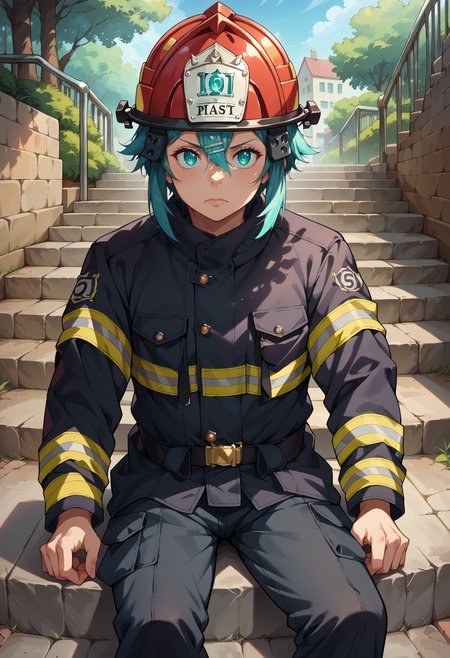 score_9, score_8_up,score_7_up, source_anime, 1girl, <lora:EPsoaSinonPony-04:1.0>, EPsoaSinon, short hair, aqua hair, detailed jewel-like eyes, hair between eyes, hair ornament, hairclip, sidelocks, EPFireFighter, <lora:EPFireFighterPony:1.0>, wearing EPFireFighter, jacket, black jacket, pants, black pants, helmet, red headwear, sitting, stairs, outdoors,