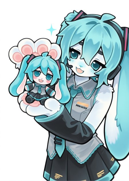 1girl, solo, hatsune miku,

aqua eyes, necktie, grey shirt, shirt, detached sleeves, aqua hair, black sleeves, skirt, headphones, headset, collared shirt, pleated skirt, thighhighs, hair between eyes,

animal hands, white fur, rabbit ears,
:3, rabbit girl, animal nose, body fur, white fur,
furry female, furry, furrification,


holding doll, fumo \(doll\), head tilt, 

portrait, sparkle,

open mouth, smile, looking at another, white background,

safe, newset, omufujoshi, black outline, thick outlines, 
masterpiece, best quality, amazing quality