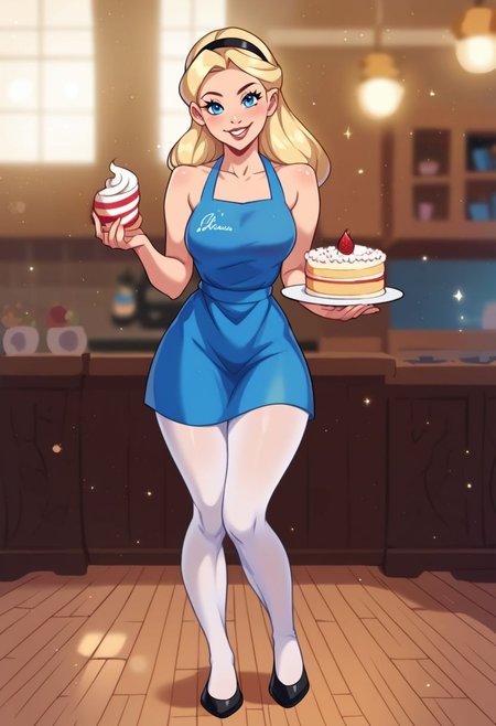 , anibody, FULL BODY, IN FRONT
,core_9, score_8_up, score_7_up, score_6_up, AliceWaifu in a magic murshroom world, magic particles, leaning forward, cute pose, medium breasts, narrow waist, wide hips, thick thighs, cinematic, naughty face, smile, blue eyes, blue dress, white pantyhose, apron, black hairband, blonde, disney style, looking at viewer, realistic, cute, holding a cake, detailed landscape, cowboy shot, <lora:AliceInWonderlandXLPony_character-10V2:0.7> <lora:KajinmanLycoXL:0.75>