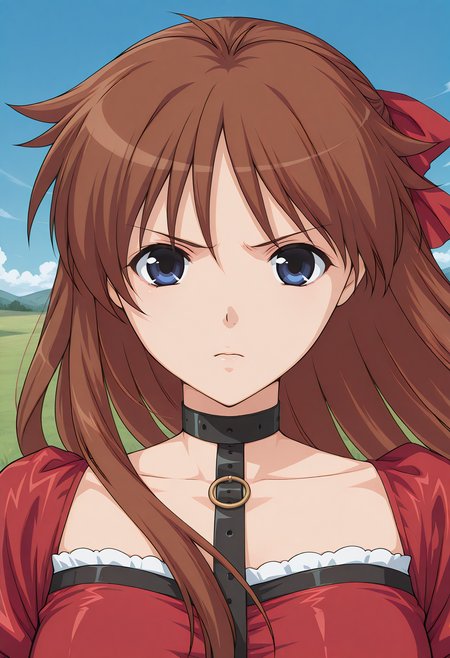 mutou_megumi, blue eyes, brown hair, long hair, choker, hair ribbon, collar, red dress, short sleeves,  <lora:mutou_megumi_illustrious_ver1:0.8> 
serious,, masterpiece, best quality, sensitive,, 1girl, solo, blue sky, (grasslands:1.2), looking at viewer,, (upper body:1.2), (close-up:1.2), (facing viewer:1.2), (open eyes:1.4), (portrait:1.2)
