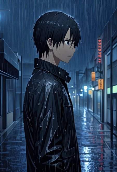 high resolution, professional photography, best quality, 1Boy, Kirigaya Kazuto, Black Hair, Black Eyes, heavy rain, downtown, night, looking down, sad, leather jacket, wet clothes, wet hair, looking away, overalldetail