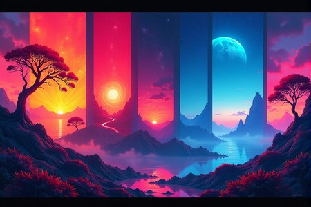 A digital cyberpunk art splash in the style of bo-cyborgsplash, a vibrant and mystical landscape depicted in a series of vertical banners, each featuring a different color palette, the first banner on the left shows a glowing tree with intricate patterns, the second banner features a swirling orange and red design, the third banner features an abstract landscape with a tree in the center, the fourth banner showcases a glowing blue planet in the sky, the fifth banner showcases an otherworldly landscape with distant mountains, the sixth panel showcases a distant landscape with trees and distant structures, the seventh panel showcases an ocean scene, the eighth panel features a mystical tree with vibrant colors, the ninth panel displays a stunning sunset landscape, the final panel features an ethereal landscape with glowing elements, the overall effect is a mesmerizing and captivating image that exudes a sense of otherworldly beauty<lora:boFLUX Cyborgsplash.safetensors:1.0:1.0>âââ