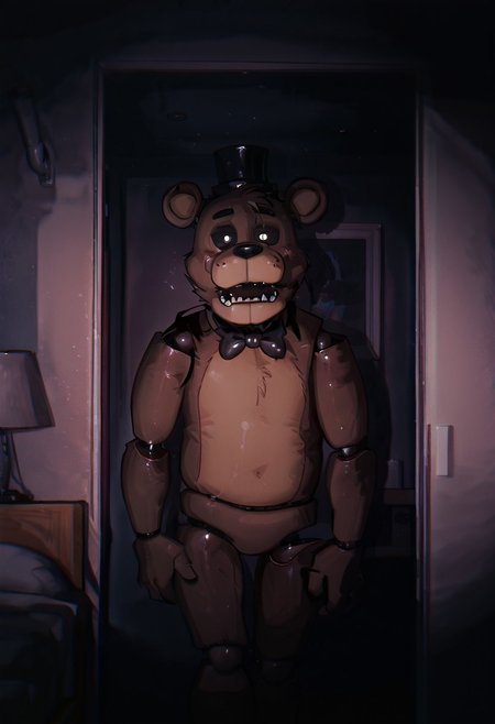 masterpiece, best quality, amazing quality, very aesthetic, absurdres, newest, detailed background,
cartoon, screencap, 
freddyit, 1boy, black mini top hat, black bowtie, bear ears, joints,  animatronic,
horror, black sclera, white pupils, small pupils, in bedroom, dark room, night time, no lights, vignetting contrast, high contrast, dark bedroom, flashlightbeamILL, dark area, flashlight beam on subject,