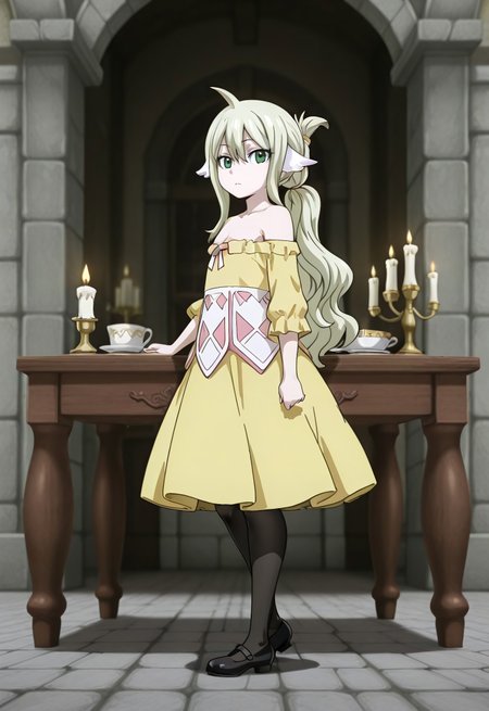1girl, Mavis_Vermilion,green_eyes, blonde_hair, (very_long_hair),(tied hair:1.3), ahoge, head_wings, flat_chest, wearing (yellow off-shoulder dress:1.1),(black mary janes),(black thighband pantyhose). castle, candle, table, from side, looking at viewer,donbiki, high quality, masterpiece, fantasy,anime screencap, anime screenshot,,close-up