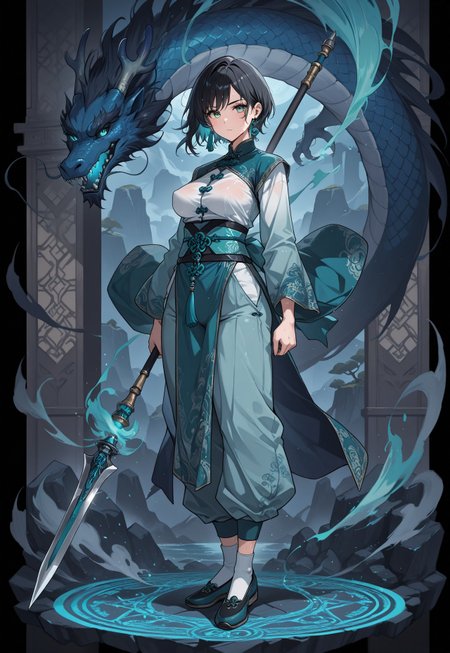 very aesthetic, high resolution, high quality, amazing quality, detailed, masterpiece, absurdres, score_9, score_8_up, score_7_up, epic background, dragon, blue dragon, (natural lighting, scenery), BREAK BREAK, (1girl, solo), woman, mature female, tagatamezhu, zhu_black hair, zhu_green eyes, short hair, single earring, vivid eye color, (beautiful eyes:1.2), (gradient iris, crisp iris edges), (looking_at_viewer), (tangzhuang, sash, tassel, accessories, pants, socks, shoes, magic, wind magic, green wind, wind flowing near body, green magic circle, magic, spear, huge weapon, holding spear), (fully_clothed:1.2), lean body, medium chest, (perky_breasts:1.2), medium breasts, fit body proportion, sweaty, wet sweat, wet body, wet hair, standing pose, fighting stance, half-body portrait,  BREAK, 
