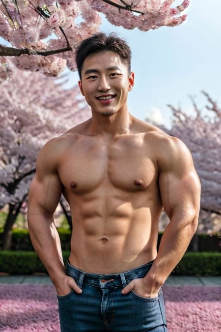 4k official art, unity 8k wallpaper, ultra detailed, beautiful and aesthetic, ultra realistic, masterpiece, best quality, Korean man posing in a cherry blossom garden, bodybuilder natural smiling face, medium shot, (superflat lighting:1.4), light behind the camera, shirtless, wearing black jeans, lower perspective, tending hand to viewer