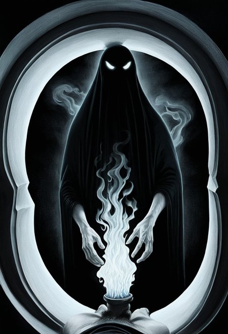 Surrealism, Highly Detailed, An extreme close-up view capturing a mesmerizing dark fantasy setting. In true animated style, grotesque humanoid evil spectre's materialize from an aura combining black smoke and white flames. They appear to be emerging from a grim energy portal, presumably a gateway to another dimension. The spectral entities seem to rush towards the viewer, capturing both the terror and intrigue of this moment, drawn by brett breeding <lora:PornMaster-Fantasy style-V1:0.7>