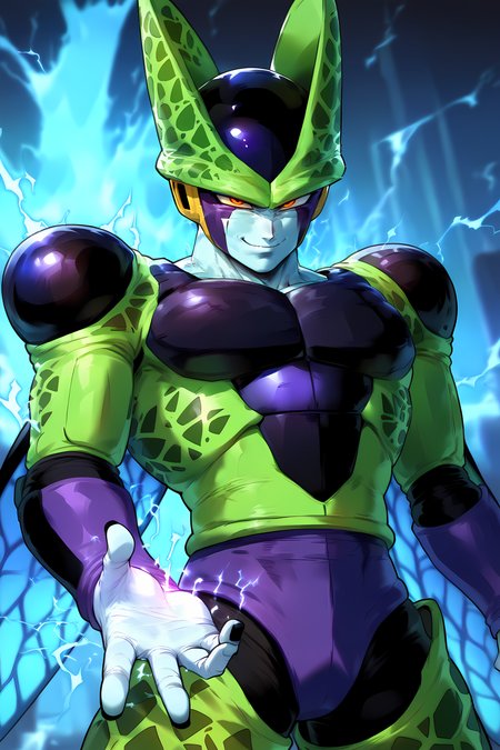 1male, Perfect Cell, dragon ball, energy, thunder, blue energy blast, arrogant face, smug, floox, masterpiece, best quality, good quality, newest, very aesthetic, absurdres