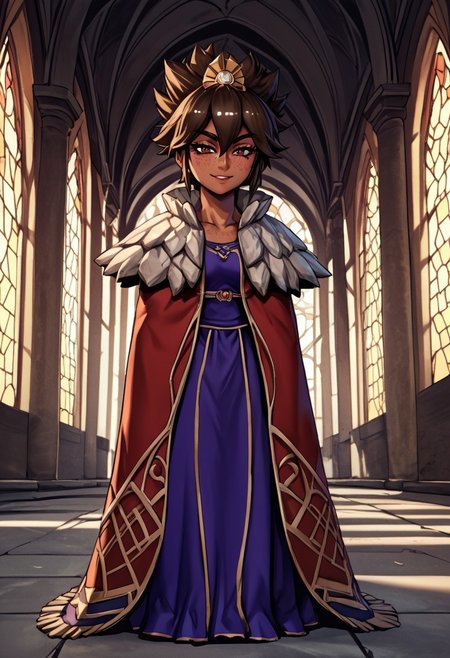 score_9, score_8_up, score_7_up, score_6_up, score_5_up, score_4_up, score_9, score_8_up, score_7_up, detailed, intricate details, chromatic aberration,  veins source_anime, , (best quality) , (highly detailed) ,((masterpiece)), ((best quality)), (ultra-detailed), ((extremely detailed)), (high resolution), 4K, (8K), best quality, (beautiful), (dynamic lighting), (super detailed skin), sharp focus, (1_girl, solo focus),  score_9,score_8_up,score_7_up,anime coloring, big eyes BREAK source_anime,anime, TaliyahLoLXL, dark skin, tanned skin, Dark skin female, dark skined, freckles, brown eyes, brown hair, short hair, sidelocks, hair between eyes, hair ornament, spiked hair, medium breasts, stone capelet, cape, red jacket, purple dress, solo,  ,  skirt lift. lifted by self,, evil smile, teasing, half-closed eyes, smug, mesugaki, indoors, palace,  FUll body, <lora:TaliyahLoLXL:0.9>
 phantom_ix_row_style, masterpiece, best quality, <lora:PhantomIxRowStyle:0.9>,