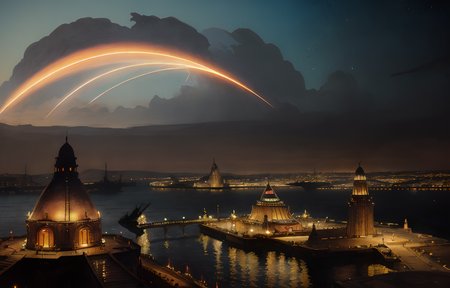 (Masterpiece), artwork, moebius steampunk, a picture of a huge lively babylonian port, in the background a beautifull city in a hilly landscape, domes and temples dominating the skyline, flying steampunk airships in a clouded sky, in the harbour steampunk-cruiser arriving and leaving, the harbour entrance is guarded by the statue of a colossus, best quality, ultra high res, cinematic lighting, dramatic lighting, glorious, imperious, fantastic, spectacular, dslr, ultra quality, sharp focus, tack sharp, dof, film grain, technicolor, Fujifilm XT3, photorealistic, 8K UHD <lora:Don_Lawrence_Storm_v1:0.6>, dlstormstyle, <lora:Moebius:0.9> <lora:Nouveau_last:0.6>, art nouveau Style,