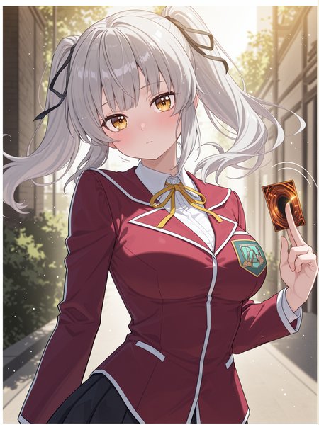 rein megumi,1girl,card \(yu-gi-oh!\),solo,floating hair,holding card,upper body,looking at viewer,large breasts,closed mouth,black hair ribbon,graphite \(medium\),motion lines,white border,duel academy uniform \(yu-gi-oh! 5d's\),yellow neck ribbon,red blazer,white collared shirt,leaning to the side,black miniskirt,
masterpiece,best quality,amazing quality,very aesthetic,absurdres,newest,scenery,extreme detail,8k,light particles,soft lighting,volumetric lighting,intricate details,finely detailed,detailed eyes,<lora:Rain Megumi & Jackal Misaki illusXL v1:0.77>,