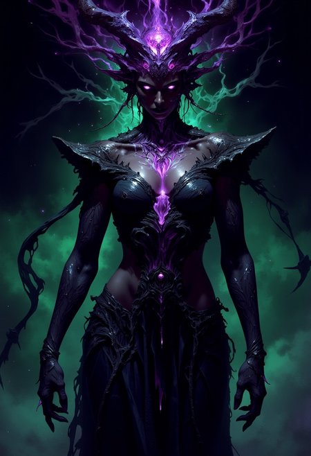 "Illustrate an abyssal purple and greendeity embodying a blend of desire, mystery, and dominance, reigning over the most profane and hidden desires. The figure exudes an alluring yet unsettling aura, with eyes that hold both seduction and an intimidating power. Their form is shadowy and fluid, mixing elegance with a hint of danger, as if they are both enchanting and forbidden. The deity’s attire should be dark and intricate, with textures that shimmer like deep ocean waves, drawing observers into a trance-like pull. The background is dark, filled with faint, surreal shapes that suggest an otherworldly realm, emphasizing the deity’s control over hidden, primal desires."