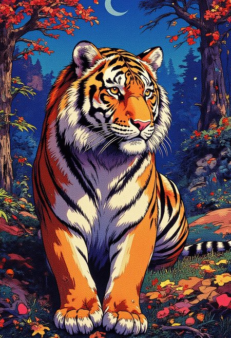A hyperreal masterpiece blending Van Gogh and Craola, featuring a majestic tiger with an iridescent mane in a vibrant, fantastical autumn forest—pure magic A digital artwork in the style of cknc,
