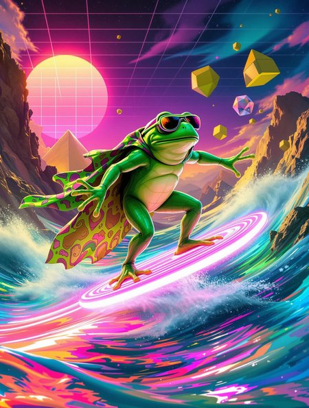A surreal scene featuring a Quantum-Pickle Frogsurfer, a humanoid frog with slick, green, semi-translucent skin resembling pickles, balancing effortlessly on a glowing quantum energy surfboard. The surfboard emits trails of neon pink and cyan light, warping space-time around it with rippling, kaleidoscopic effects. The frog wears retro-futuristic shades, a neon headband, and a billowing vaporwave-patterned cape. The background is a swirling ocean of liquid rainbows, punctuated by floating geometric shapes and glowing pyramids. Above, a gridline sunset in vibrant magentas and oranges radiates retro-futuristic vibes. The atmosphere is absurd and dreamlike, with bright, high-contrast colors and a playful, surreal tone. Style is vivid vaporwave surrealism, blending clean geometric lines with organic absurdity.