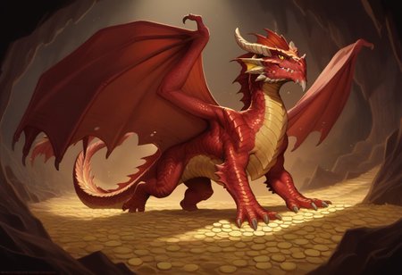 (score_9, score_8_up, score_7_up, score_6_up),(EasyNegativeV2:1.3), 
PonyXLV6_Scores, detailed,source_furry, rating_safe, 
Feral, male reddrg, dnd_dragon, male dragon, yellow underbelly, yellow eyes, gold horns, red scales, tail, extremely detailed, dark cave, high quality, red lighting, dark cave, shadows, dragon male, huge, (red scales:1.4), hoard of gold coins and treasure, sharp teeth, fangs, claws, feral dragon, wings,