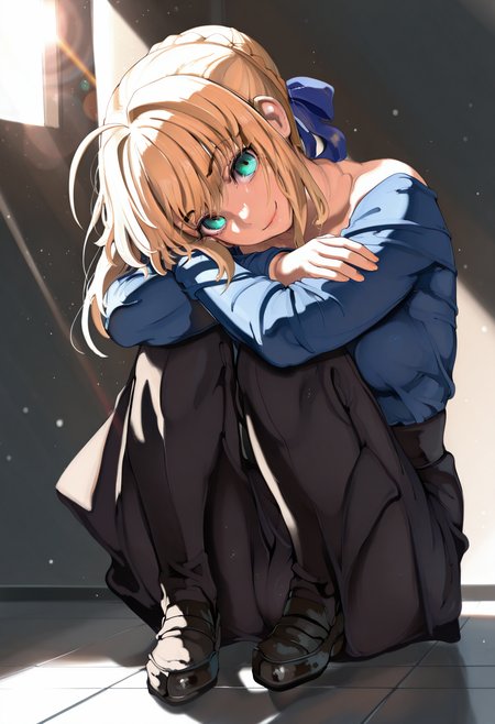 masterpiece, high score, great score, absurdres, 1girl, saber, fate/stay night, blonde_hair, ahoge, smile, french_braid, ribbon, blue_hair_ribbon, head_tilt, green_eyes, hair_bun, full_body, cinematic, (light particles:1.2),(flare:1.2),light rays, Mamimi, 