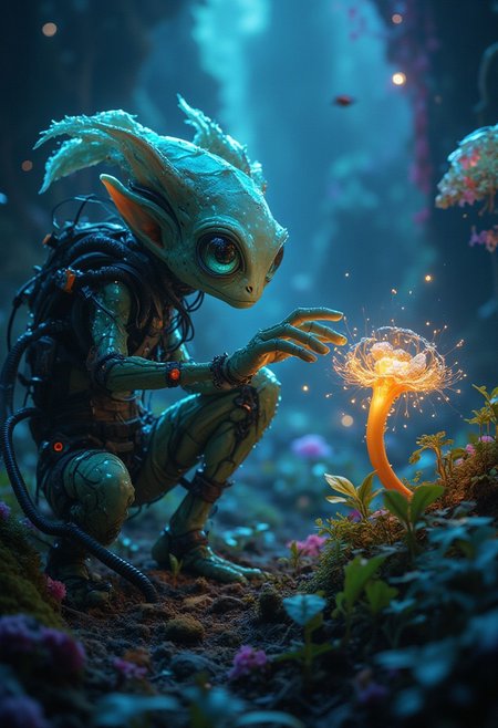 masterpiece, best quality, ultra high definition, masterpiece that captures the captivating charm of a beautiful painting, 
An alien botanist with delicate bioluminescent skin and large, inquisitive eyes studies a glowing plant on a distant, unexplored planet. The botanist's tools are advanced, with flying drones that analyze the plant's properties. The landscape around them is lush, with strange, colorful vegetation and floating, jellyfish-like creatures.