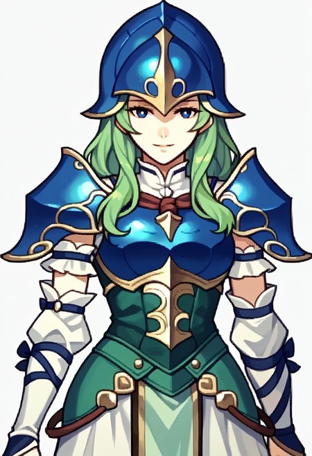 score_9, score_8_up, score_7_up, source_anime BREAK 1girl, solo, <lora:zs_FEEchoesPortraitsXL:1> echoesportraits, cowboy shot, solo, white background,NepheneeFEXL, blue eyes, green hair, long hair, sidelocks, medium breasts, blue armor, blue helmet, shoulder armor, breastplate, green corset, green loincloth, white sleeve, detached sleeve, guantlets, white skirt, seductive smile, <lora:NepheneeFEXL:0.8>,smile