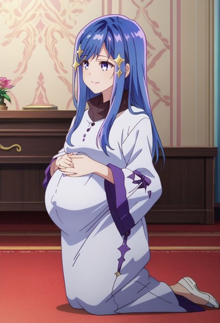 score_9, score_8_up, score_7_up, best quality, masterpiece, 4k, perfect lighting, very aesthetic, anime, anime coloring, official art, anime screencap,
OverallDetail, fFaceDetail, 
bedroom, happy, huge pregnant belly, hand on belly,
Maha, long hair, blue hair, purple eyes, hair ornament,
 full body,
<lora:Pregnant Bump:1>