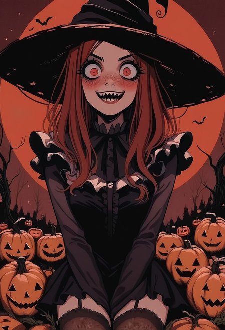 score_9, score_8_up, score_7_up, score_6_up, hllwn, halloween, vintage, source_anime, masterpiece, gloomy and sinister forest, giant red moon, giant pumpkins with evil luminous face, cute witch, red hair, red eyes, blushing, freckles, dark and orange two-tones sorceress dress, sorceress hat, halloween outfit, (two-tones stockings with frills:1.2), (crazy face:1.2), sadistic smile, focus on giant pumpkins