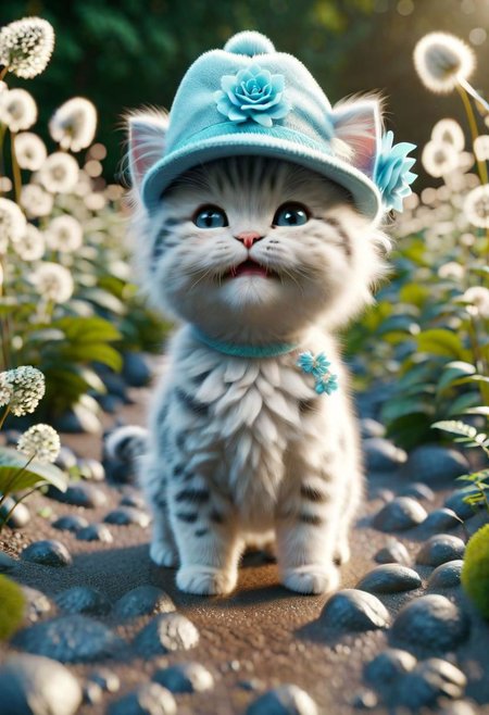ral-fluff,<lora:ral-fluff:1>,
chibi,masterpiece,best quality,original,official art, silver metallic kitten,hat,flower,blurry background,rendering,beautiful detailed glow,(detailed ice),beautiful detailed water,sunny, blurred flower, happy,grin