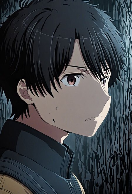 high resolution, solo, best quality, 1Boy, Inaho Kaizuka, Black Hair, portrait, looking at viewer, focused gaze forward, upper body, head upright, fear, OverallDetail