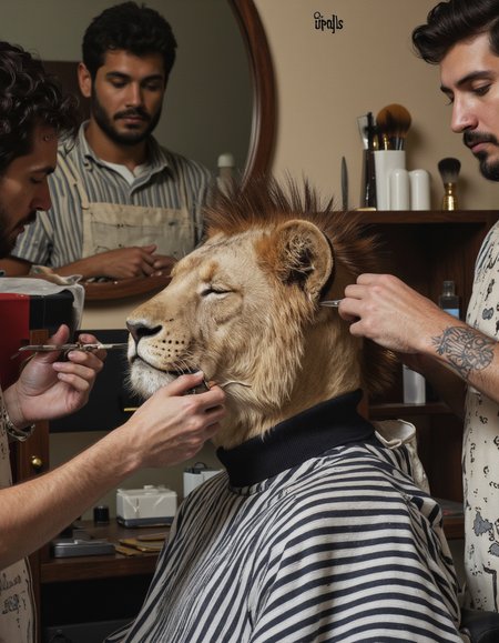 ZooPolis art. A photo-realistic shoot from the side about a stylized lion sitting in a barber shop, with a male lion sitting on the barber's chair. the lion, who appears to be a male, is in the middle of the image, with its head turned to the side, closed eyes, and a relaxed expression. he is wearing a striped black and white turtleneck sweater, and his hair is styled in a mohawk. on the left side of the lion's head, a male barber is holding a pair of tweezers and is trimming his hair, while on the right side, another barber stands behind him, holding a brush and a comb. the background is blurred, but it seems to be an indoor setting with a round mirror and a wooden shelf. the lighting is soft and natural, and the image has a watermark "inaky" in the top right corner.