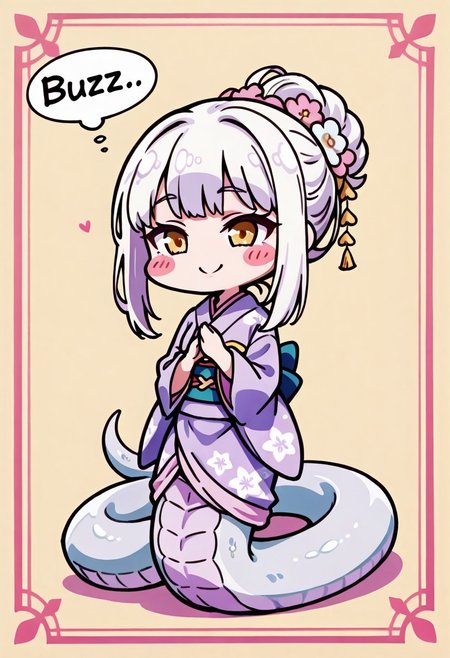 Masterpeice, high quality, english text:"Buzz",  text bubble, (buzz:1.4),
Shirohebi, lamia, white hair, ((long hair:1.2)),white scales, light purple underside,
solo, 1girl, happy,
fancy hairstyle, chibi,
 kimono, floral pattern, blush stickers,