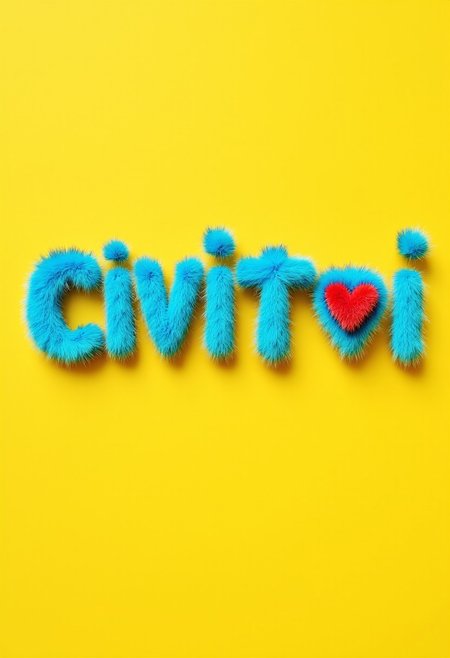 furrytext the word "CIVITAI" and a heart emoji, with bright turqoise letters coated in bright turquoise furr on yellow background.