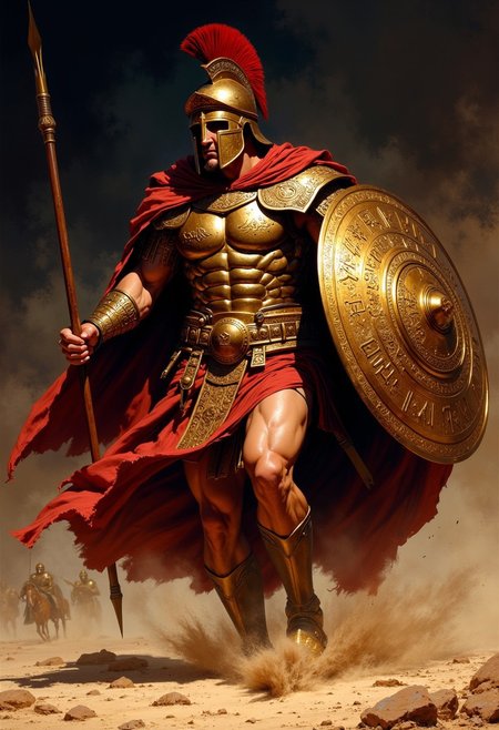 “A stunningly realistic oil painting of a Spartan hoplite advancing across a dusty battlefield, covered in heavy bronze armor that catches the sunlight. His bronze cuirass is detailed with engravings, and his helmet’s crest flows in the wind. He holds his aspis shield close, decorated with symbols, and his spear is raised as he moves forward. The background is smoky and dark, creating contrast with the shine of his bronze armor and highlighting his determined expression.”