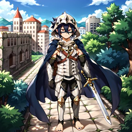 masterpiece, best quality, sharp aliasing, highly detailed, Quality, High Definition, Full Body View, <lora:EPfeCorrinPony:1>EPfeCorrin, blue cape, armour, black gloves, full gloves, black pants, wearing pants, outdoors, day, stone ground, tree, bush, buildings, barefoot, toeless legwear, armoured legwear, stirrup legwear, 5 toes <lora:Amajiki_Tamaki__Pony:1>Tamaki Amajiki, pointy ears, red eyes, dark blue hair, hair between eyes, hood, mask, male, male body, solo, 1male, sword, standing <lora:feet_anime_pony_v2:1>feet, dark blue toenails