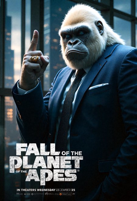 This is a very detailed and hyper realistic photograph, an albino gorilla with very white hair stands confidently in a huge bright room with large modern windows, we can see the city in the background and the blue sky. The albino gorilla with very white hair has bright blue eyes, wearing a large gold Rolex, wearing a royal blue suit, a white shirt and a black tie with a white staircase pattern. The gorilla raises his right arm in the air, the index finger pointing to the sky, the albino gorilla with very white hair exudes authority in a New York business meeting room, the scene is bright and colorful, the city is visible through floor-to-ceiling windows, a strong contrast of colors. The background is very detailed and realistic, with a scattered, shadowy and foggy atmosphere, giving the scene a cinematic feel. The image is a poster for the movie "FALL OF THE PLANET OF THE APES", written in large letters "FALL", "PLANET", "APES". The title of the movie is displayed in large, bold silver capital letters on the bottom left of the poster. Below the title, additional text indicates the release date: "IN THEATERS WEDNESDAY, DECEMBER 25". The poster also includes information and the hashtag #ApesWillFall. The overall design of the poster is dramatic and impactful, with a central gorilla figure and a city in the background.