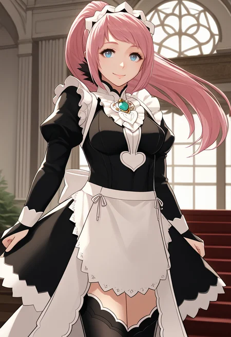 score_7_up, source_anime BREAK 1girl, solo, <lora:tenna1869-artist-richy-v1_pdxl:1> <lora:felicia-fe-richy-v1_pdxl:0.8> feliciadef, pink hair, ponytail, blue eyes, maid headdress, brooch, maid apron, black thighhighs, bridal gauntlets, smile, looking at viewer, standing, indoors,
