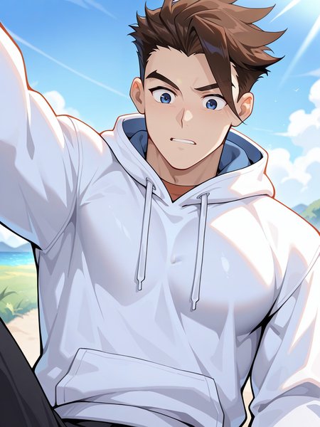 anthro,masterpiece,best quality,amazing quality,very aesthetic,absurdres,1boy,newest,male,absolute_territory,pectorals,detailed,feet,muscular,gao xun,brown hair,short hair,blue eyes,spiky hair,<lora:é«è¿:1>,outdoor,day,from the front,wearing a white hoodie,upper_body,