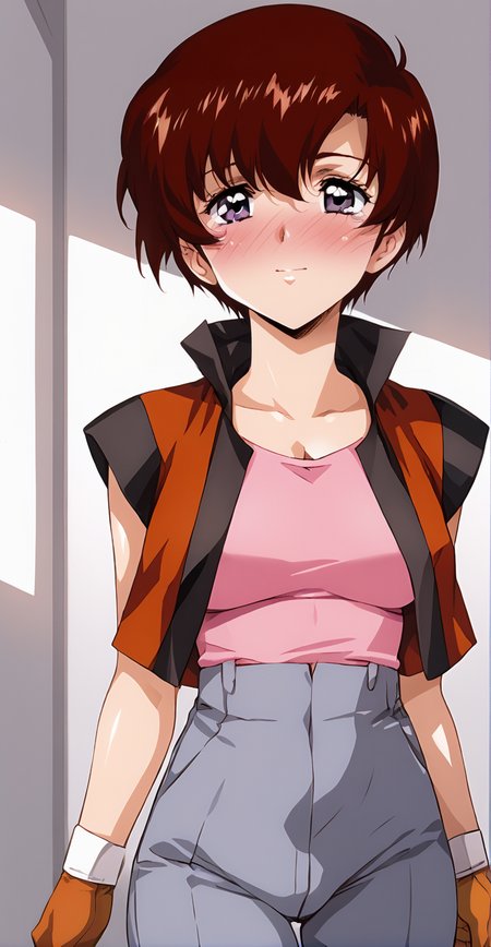 1girl, absurdres,
score_9, score_8_up, score_7_up, score_6_up, source_anime, zPDXL3,
(mature female),  
BREAK.
indoors, seductive smile, smile, (blush:2), covered nipples, 
BREAK,
,
BREAK,
mayuralabbatt, red hair, blue eyes,
suspender vest, pink short sleeve shirt,gloves, pants<lora:Urushihara Satoshi_XL_PONY_V2:0.9>,<lora:ma:0.8>