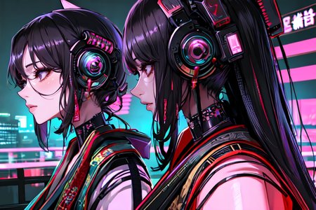highly insanely detailed, masterpiece, top quality, best quality, highres, 4k, 8k, RAW photo, (very aesthetic, beautiful and aesthetic), ancient japanese cyberpunk, 
a colorful background,gradient background, 
<lora:two_side_up-1.0:0>âââ