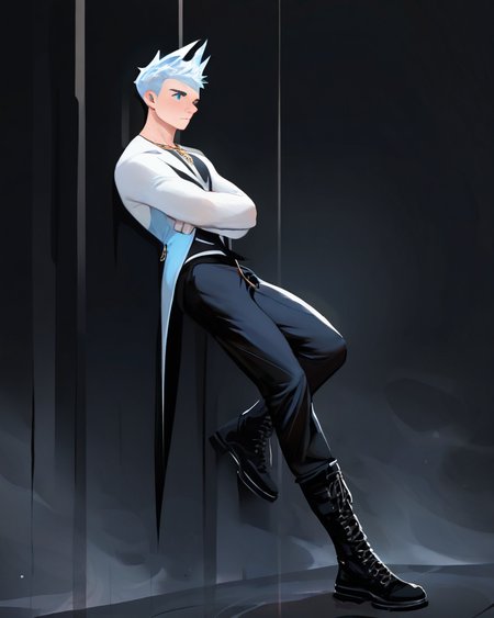 masterpiece, best quality, amazing quality, very aesthetic, absurdres, newest, 1boy, male focus, 21 years  old,  full body, head to toe, dynamic pose, blue eyes, eyeshd, tailcoat, long pants, knee high lace up boots, necklace, highly detailed eyes, from the side,  confident, serious, abstract background, dark, light, fog, masterpiece, best quality, amazing quality, very aesthetic, absurdres, newest, volumetric lighting,
 freckles, muscular, no-lineart style, big eye background,
breeze style
<lora:Bree_Style_Hv2:1>