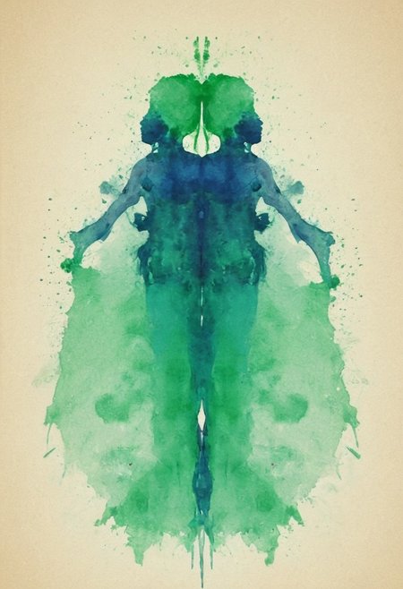 A rorschach-test resembling two symmetrical woman, your mums hugging, long hair, happy mood trigger, dark Blue/green translucent ink splashes