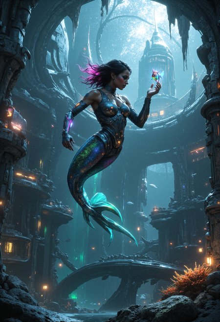 In a futuristic, underwater city, a sleek, mechanical mermaid glides through the crystalline waters of an immense, glass-domed aquarium. The cityâs architecture is a breathtaking blend of organic shapes and high-tech elements, with tall, spiraling towers made of shimmering, translucent materials that mimic the look of coral and sea life. Bright, neon lights illuminate the structures, casting colorful reflections that ripple across the walls of the city and into the water, creating a vibrant, glowing underwater metropolis.
The mermaid has an elegantly designed, bioluminescent tail that shines in hues of electric blue, green, and purple, with flowing, delicate fins that trail behind her like liquid silk. Her upper body is metallic armor-like suit, made from lightweight, reflective materials that seem to adjust with the motion of her body. Her face is calm, with sharp, futuristic features and bioluminescent tattoos glowing faintly along her cheeks and neck, marking her as a warrior or protector of this aquatic world.
She holds a futuristic trident in one hand, its sharp, glowing prongs flickering with energy, and her other hand is raised, gently interacting with a group of small, glowing fish that hover around her, attracted by her bioluminescence. The fish, with their translucent bodies and tiny light orbs, dart playfully in and out of the shadows, casting soft, colorful lights as they move.
Around her, the city pulses with life. Hovering transport pods glide above the water, moving between the towering spires, and digital holograms project images of the city's history, culture, and creatures, floating in the water. The air within the glass dome is humid and rich with the sounds of distant echoes and soft aquatic melodies that seem to come from the depths. The entire scene has a sense of harmony between nature and technology, where the beauty of the ocean meets the advances of a highly advanced civilization. <lora:flux_realism_lora:1> <lora:MysticFantasy-FLUX:0.5999999999999996> <lora:midjourney_whisper_flux_lora_v01_[Midjourney_Whisper]:0.35>