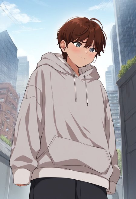 Masterpiece, Highest Quality, Score_9, Score_8_up, Score_7_up, source_anime. anime style. masterpiece, highres, absurdres. Best resolution.
solo. handfixer. building entrance. embarrassed. standing posture
song jiwoo. 1girl. brown hair. short hair. gray eyes. tomboy. 
gray hoodie. hood down. gray long pants.
gray clothes. setup