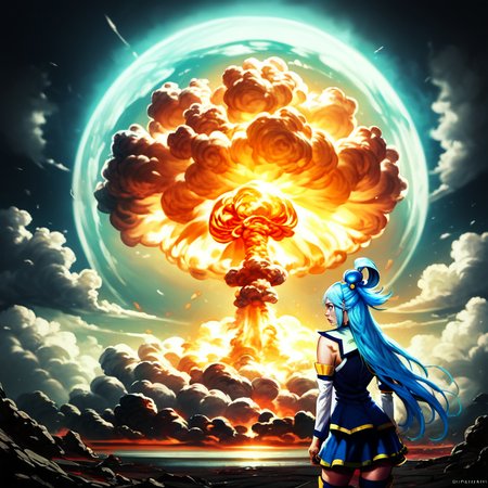 score_9, score_8_up, score_7_up,   detailed background, realistic lighting, no_humans, 
<lora:Nuclear_Explosion epoch10:1.2>, nuclear explosion in background, nuclear explosion, 
 <lora:Aqua_Konosuba__-_Pony_NSFW:1> ,Aqua(/Konosuba)/, pale skin, blue eyes, blue hair, long hair, hair ornament, hair rings, single hair ring 
Aqua crying,
