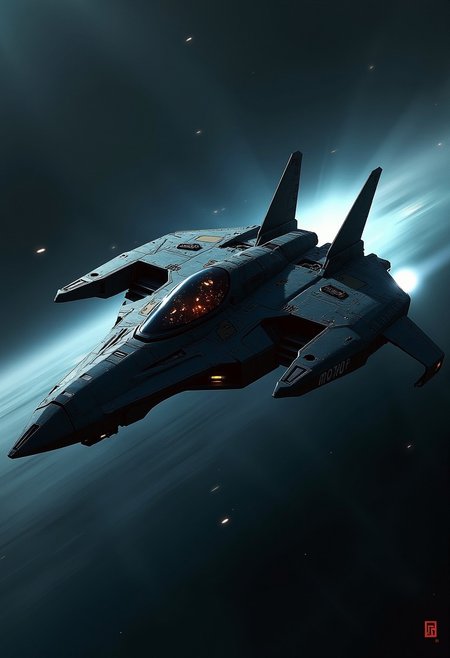 digital painting in the style of ck-js, concept art, silhouette art, chiascuro, cyberpunk, an armored futuristic spaceship, sleek, detailed, illuminated cockpit, flying rapidly through a dark, space background with motion blur, viewed diagonally from the front, directional lighting, silhouetted, light hitting one side