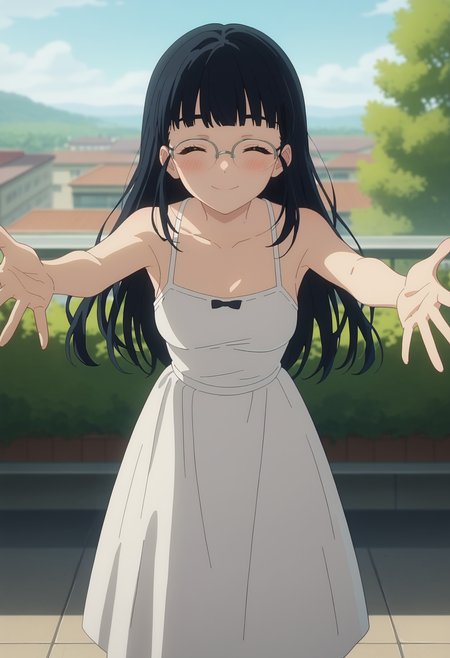 score_9, score_8_up, score_7_up, anime screencap, source_anime, 1girl, solo,
<lora:Tiara_Basori_Makeine_V1:.85>,  KJOtiara, black hair, blue eyes, blunt bangs, mole on neck, long hair, 
white sundress, bare shoulders, happy, looking at viewer, blush, smile, glasses, closed eyes, 
outstretched arms, 
rooftop,
(Beautiful, medium Breasts:1.2),