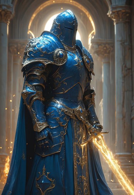 masterpiece, best quality, hyper detailed, ultra detailed, super realistic
Amid a raging storm, a shadow knight stands—a harbinger of doom and fire. His obsidian-black armor, adorned with intricate gold filigree, bears the scars of countless battles. A heavy, fur-lined cloak drapes over his broad shoulders, shrouding him in darkness. Beneath the hood, a menacing helm conceals his face, save for the fiery glow of his eyes, burning like embers from the abyss.

In his grip, a blade of molten fire seethes with raw power, its edges pulsing with infernal energy. Raindrops sizzle as they meet the heated steel, vanishing into rising steam. The storm howls around him, wind and ash swirling in his wake as if nature itself fears his presence. Behind him, the world is cloaked in shadow, the faint glow of distant destruction illuminating the battlefield.

He is more than a warrior—he is a dark sentinel, an omen of war, forged in the crucible of chaos, and destined to bring ruin to all who stand in his path.