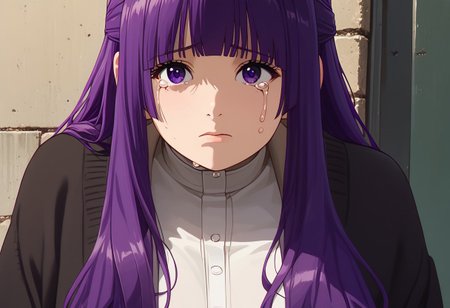 score_9, score_8_up, score_7_up, score_6_up, anime, big eyes,1girl, 18yo girl, sad, teardrop, crying, 
detailed face, beautiful face, detailed hands, beautiful hands, 
((1girl,fern \(sousou no frieren\), large breasts, long hair, purple hair, half updo, blunt bangs, purple eyes,
Thick thigh, front view, knee shot, small mouth, huge breasts, white shirt, navy skirt, oversized cardigan, loose cardigan, open cardigan, navy cardigan, overknee socks, exposing white panty, close shirt)),
break
cemetery, front of grave, cityscape, plant, face shot, focus eyes, (close up:2), pov, looking to viewer, shiny eyes,