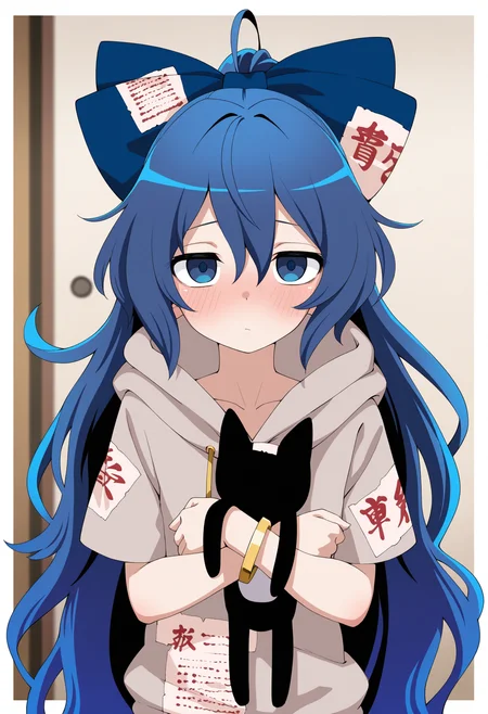 masterpiece,best quality,amazing quality,
1girl, long hair, yorigami shion, blue hair, blue eyes, hood, holding, bow, solo, bracelet, jewelry, hair bow, hoodie, blue bow, upper body, stuffed toy, stuffed cat, stuffed animal, bangle, hair between eyes, looking at viewer, short sleeves, blush, holding stuffed toy, bangs, hood down, ahoge, blurry, white border, grey hoodie, border,
 <lora:Felipe Godoy_epoch_7:1>
