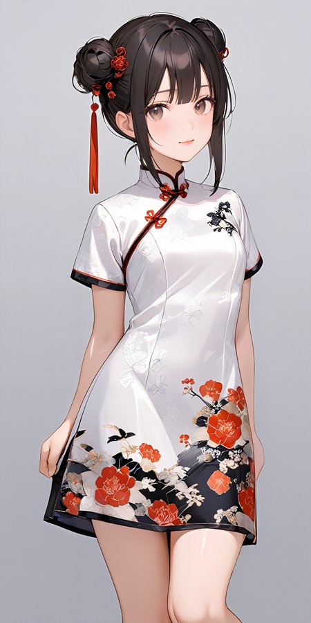 masterpiece,ultra-detailed,best quality,8K,illustration,cute face,clean skin ,shiny hair,girl,simple background
 <lora:add-detail-xl:1> <lora:china dress_XL_V1.0:1.2> jyojifuku, china dress, skirt, double bun, floral print
