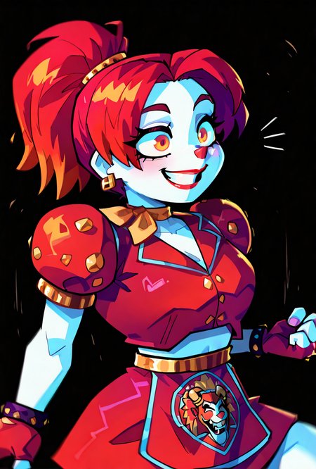 <lora:ilglambab-10:1> glambab, white skin, 1girl, red hair, ponytail, wide smile, earrings, short puffy sleeves, red fingerless gloves, red dress, red lips, midriff, red nose,  ((dynamic pose)), red skirt, <lora:sakfsdajfkasd:1> alpharecdyt,, score_9, score_8_up, score_7_up, masterpiece, best quality, masterpiece, best quality, amazing quality, very aesthetic, absurdres, newest,